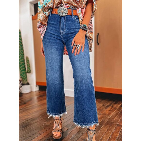 Womens High Waisted Flared Jeans Cotton Blend Raw Hem Trendy Retro Style - Picture 2 of 8